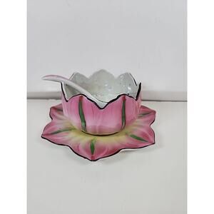 Japan Porcelain Hand Painted Lusterware Lotus Flower Bowl, Saucer & Spoon Set